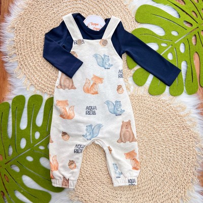 Conj. Body Manga Longa e Jardineira Animais Aquarela de Moletom em Linho - Areia e Marinho